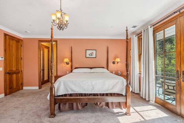 11900 Hwy 116, Guerneville, CA 95446 - bedroom featuring visible vents, crown molding, light carpet, and access to exterior