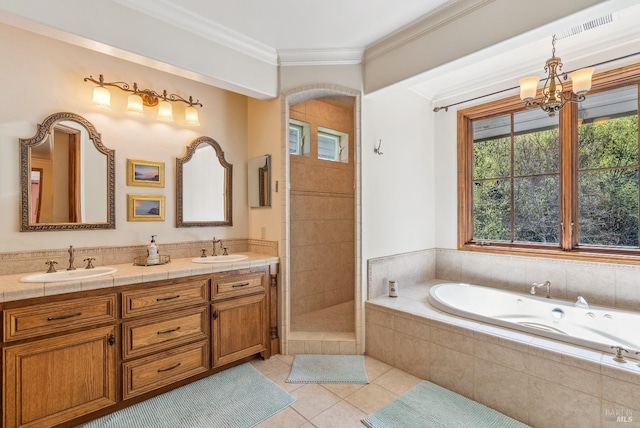 11900 Hwy 116, Guerneville, CA 95446 - bathroom featuring a bath, an inviting chandelier, a sink, and tile patterned flooring