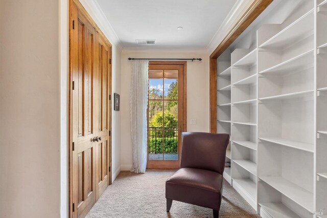 11900 Hwy 116, Guerneville, CA 95446 - sitting room with visible vents, ornamental molding, carpet, and baseboards