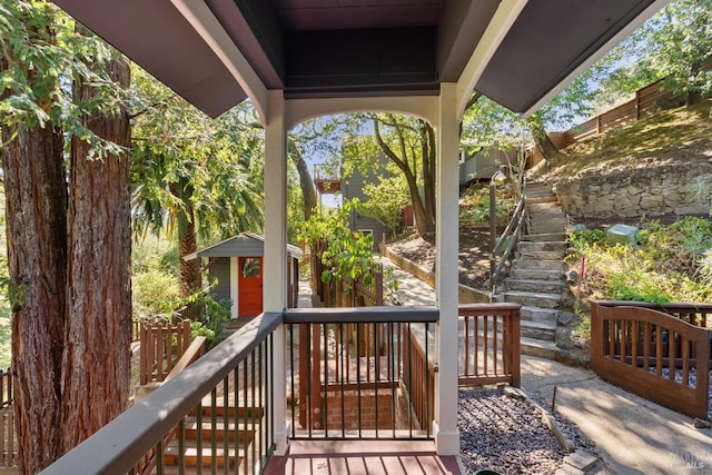 162 Wolfe Grade, Kentfield, CA 94904 - deck with stairway and an outbuilding