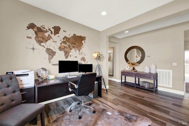 office with recessed lighting, wood finished floors, visible vents, and baseboards