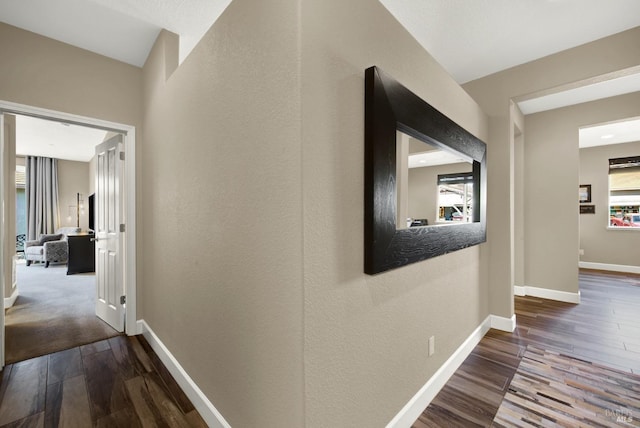 hallway with wood finished floors, a wealth of natural light, and baseboards