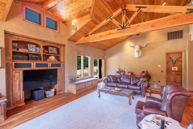 living room with wood finished floors, wooden ceiling, beamed ceiling, and visible vents