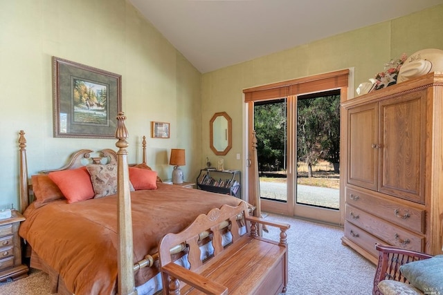 bedroom featuring vaulted ceiling, access to outside, and light colored carpet