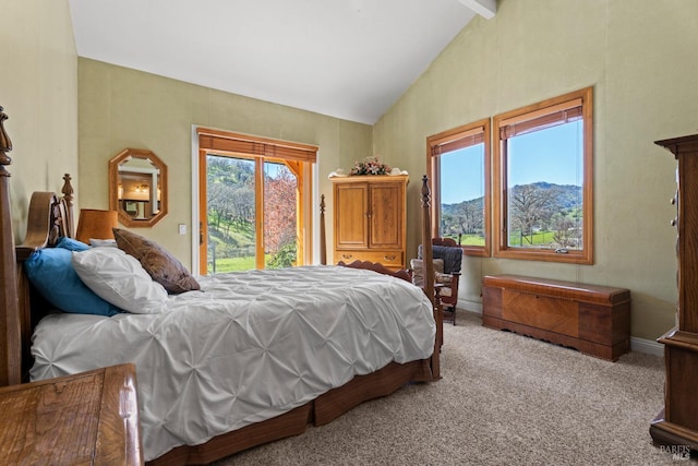 bedroom featuring high vaulted ceiling, carpet, baseboards, access to outside, and beam ceiling