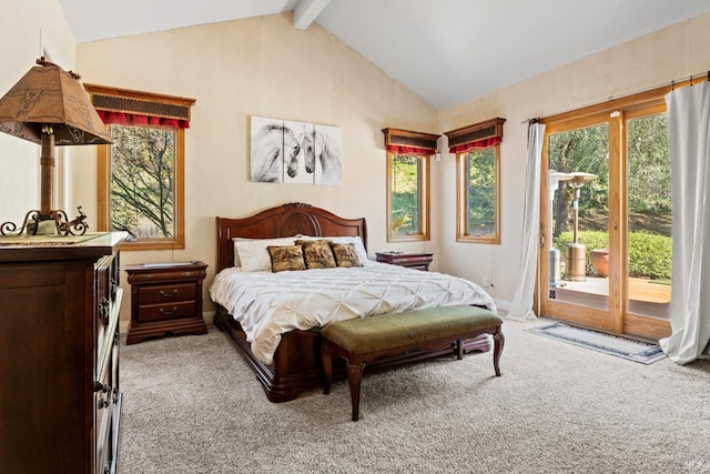 bedroom featuring baseboards, vaulted ceiling with beams, access to outside, and carpet