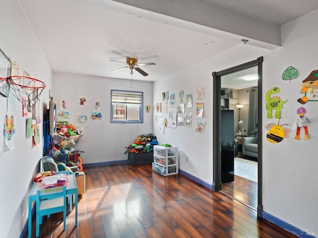 rec room with wood-type flooring, baseboards, and ceiling fan