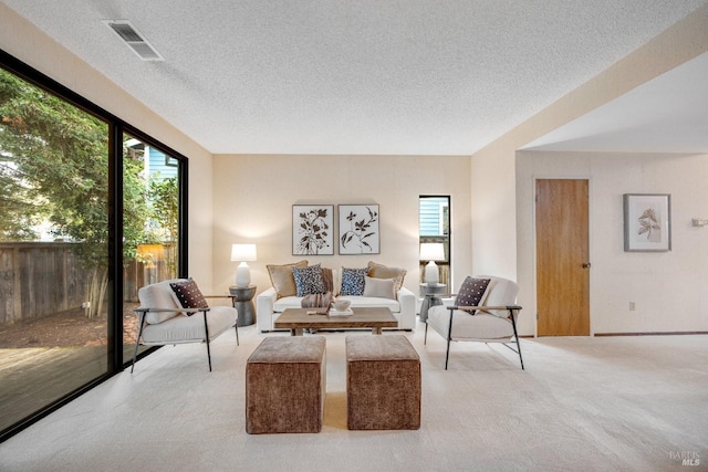 living area featuring visible vents, carpet flooring, and a textured ceiling
