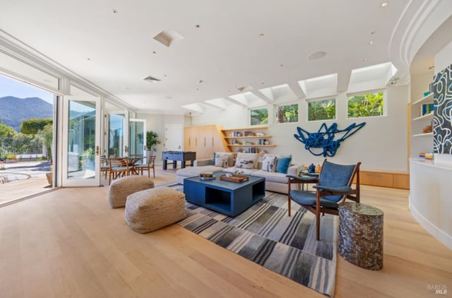 living area with a mountain view, wood finished floors, and a skylight