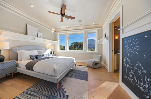 bedroom with a ceiling fan, light wood-type flooring, baseboards, ornamental molding, and recessed lighting