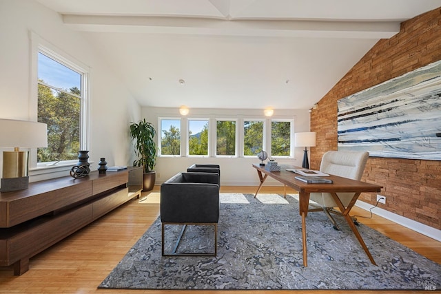 office space featuring lofted ceiling with beams, a healthy amount of sunlight, and wood finished floors