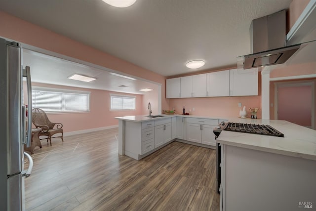 900 5th St, Fairfield, CA 94533 - kitchen with freestanding refrigerator, exhaust hood, a peninsula, wood finished floors, and a sink