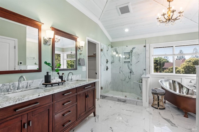 full bath with marble finish floor, ornamental molding, a sink, and a marble finish shower