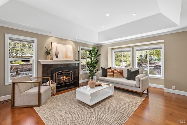 living area featuring a raised ceiling, a healthy amount of sunlight, a premium fireplace, and visible vents