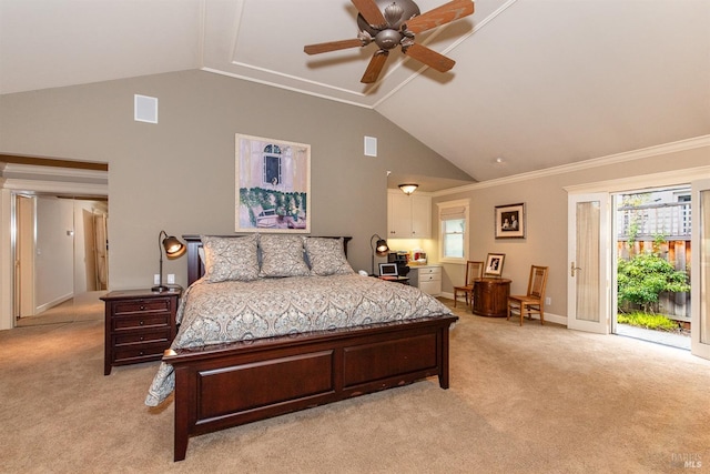 bedroom featuring visible vents, access to exterior, high vaulted ceiling, and light carpet