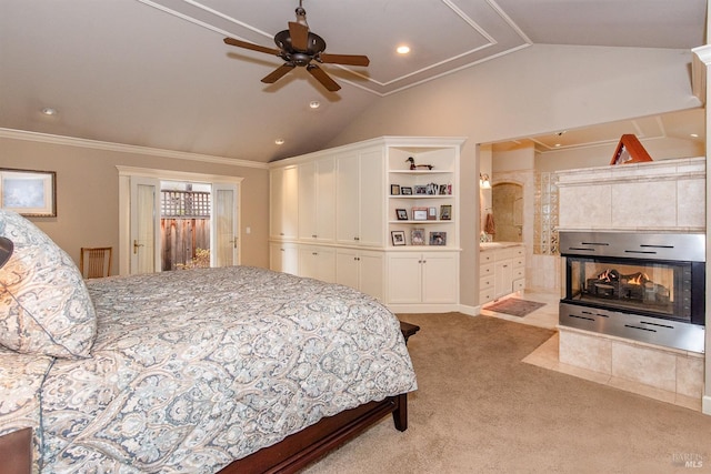 carpeted bedroom with lofted ceiling, recessed lighting, access to outside, connected bathroom, and a ceiling fan
