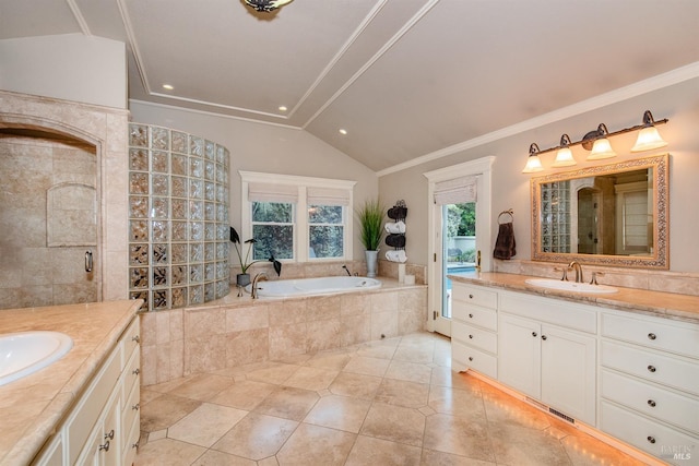 bathroom with crown molding, a sink, a tile shower, and two vanities
