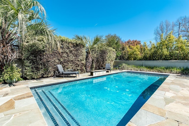 view of pool with a fenced in pool, a fenced backyard, and a patio area