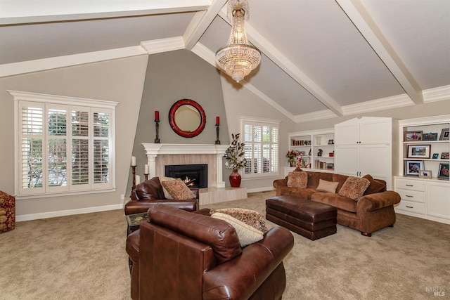 living area with a tiled fireplace, light carpet, vaulted ceiling with beams, baseboards, and ornamental molding