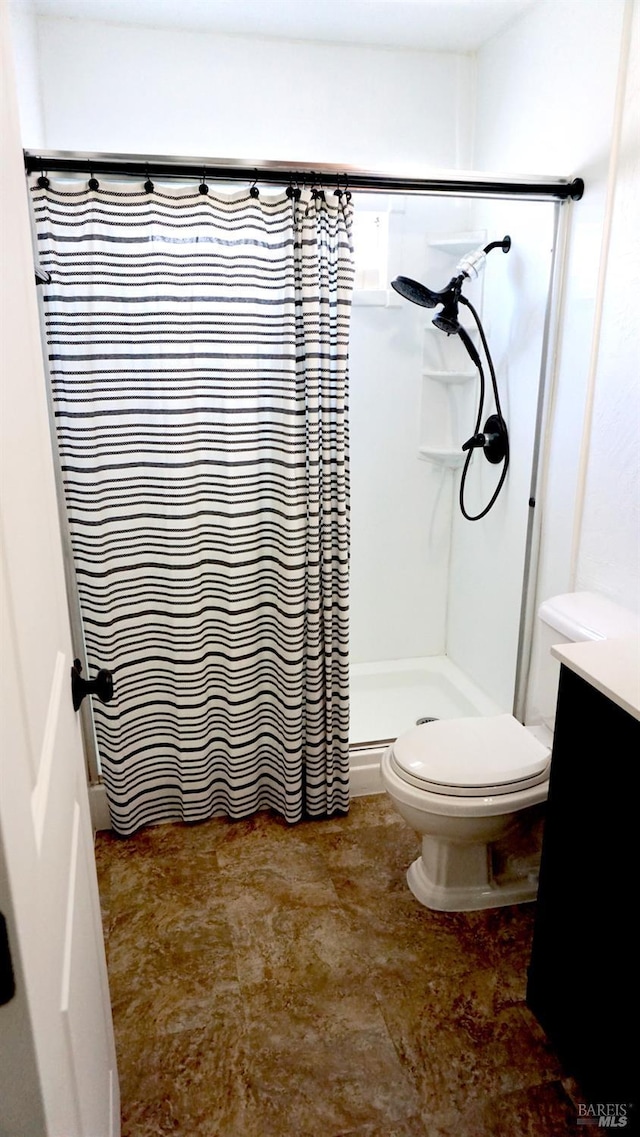 224 Walnut St, Suisun City, CA 94585 - bathroom featuring vanity, toilet, and a shower with shower curtain