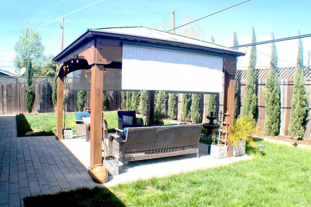224 Walnut St, Suisun City, CA 94585 - view of patio / terrace with an outdoor hangout area, a gazebo, and a fenced backyard