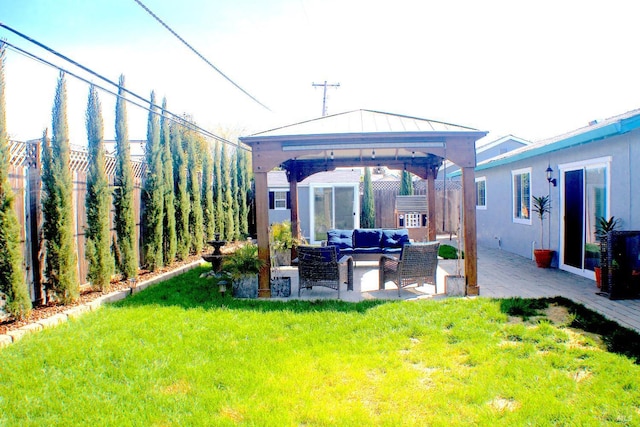 224 Walnut St, Suisun City, CA 94585 - exterior space with a gazebo, a patio area, an outdoor living space, a lawn, and a standing seam roof