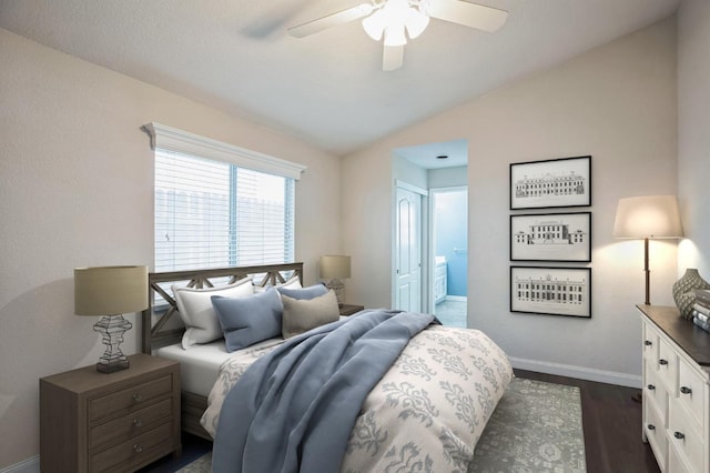 6705 Palmtree Ct, Fair Oaks, CA 95628 - bedroom with dark wood-style flooring, baseboards, ensuite bathroom, a ceiling fan, and vaulted ceiling