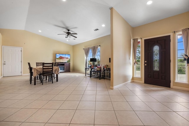 19810 S Spruce Rd, Los Banos, CA 93635 - entryway with vaulted ceiling, a ceiling fan, baseboards, light tile patterned floors, and recessed lighting