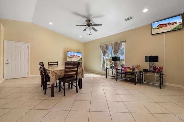 19810 S Spruce Rd, Los Banos, CA 93635 - dining room with ceiling fan, lofted ceiling, light tile patterned floors, baseboards, and recessed lighting