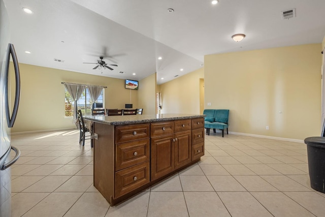 19810 S Spruce Rd, Los Banos, CA 93635 - kitchen featuring open floor plan, light tile patterned floors, freestanding refrigerator, a ceiling fan, and recessed lighting