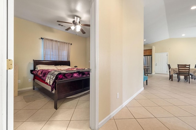 19810 S Spruce Rd, Los Banos, CA 93635 - bedroom featuring light tile patterned floors, baseboards, vaulted ceiling, a ceiling fan, and recessed lighting