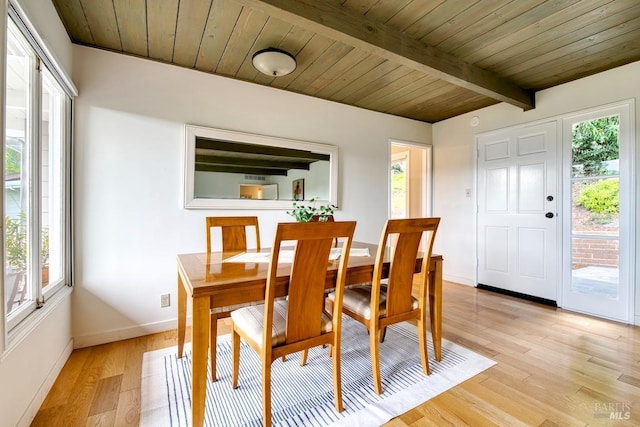 dining room with baseboards, beamed ceiling, light wood-style flooring, and wood ceiling