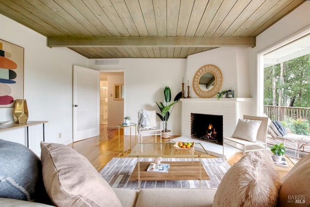 living area featuring wood ceiling, beamed ceiling, visible vents, a fireplace, and wood finished floors