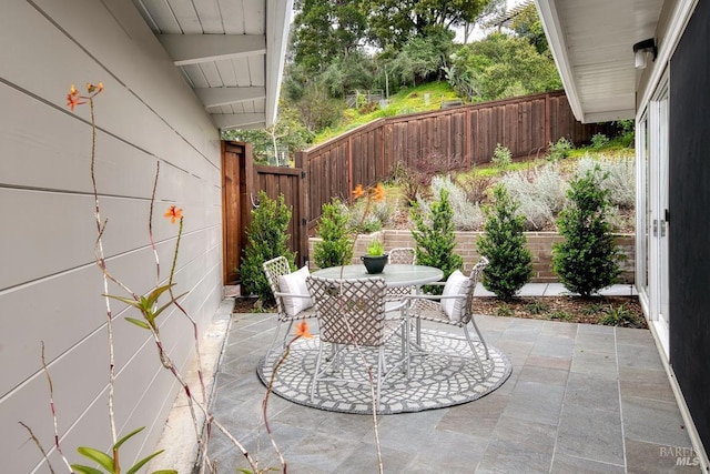 view of patio / terrace featuring a fenced backyard and outdoor dining area