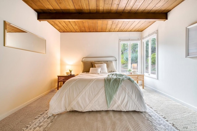 bedroom featuring baseboards, beamed ceiling, and wood ceiling