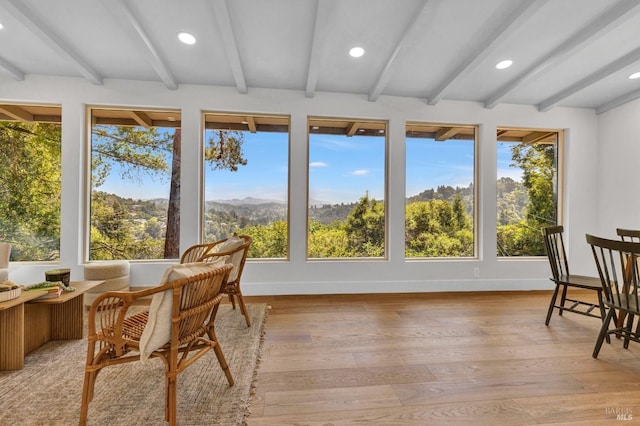 421 Rose Ave, Mill Valley, CA 94941 - sunroom featuring beam ceiling, recessed lighting, wood finished floors, baseboards, and a mountain view