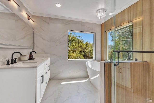 421 Rose Ave, Mill Valley, CA 94941 - bathroom with marble tiled flooring, double vanity, a freestanding tub, and ornamental molding