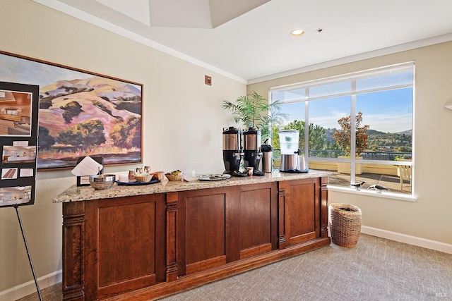 bar with ornamental molding, recessed lighting, light colored carpet, and baseboards