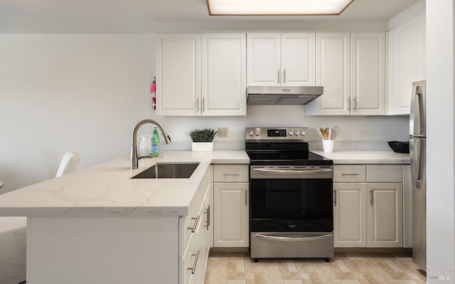 kitchen featuring a peninsula, under cabinet range hood, white cabinets, a sink, and stainless steel range with electric stovetop