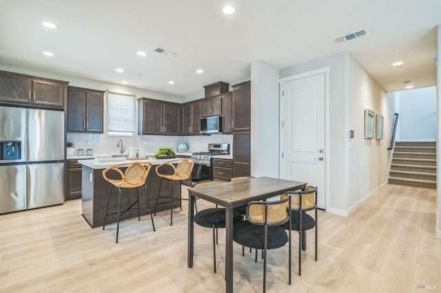 kitchen featuring dark brown cabinetry, appliances with stainless steel finishes, visible vents, and light wood-style floors