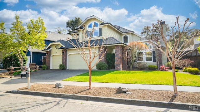 traditional home with brick siding, roof with shingles, a front yard, and aphalt driveway