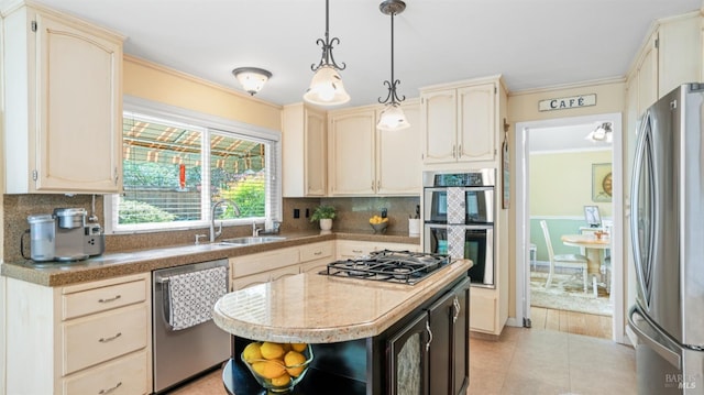 kitchen with backsplash, ornamental molding, stainless steel appliances, and a sink