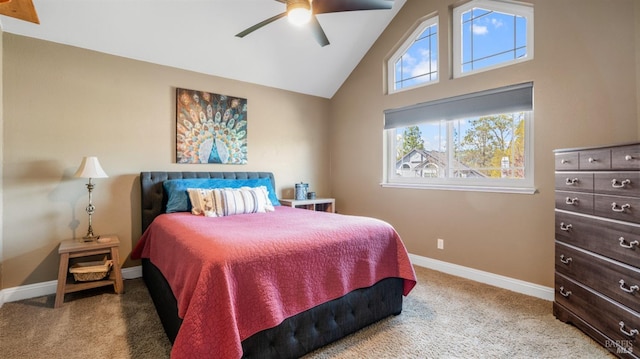 bedroom featuring carpet flooring, baseboards, high vaulted ceiling, and a ceiling fan