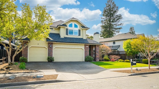 traditional-style house featuring brick siding, fence, a garage, a shingled roof, and concrete driveway