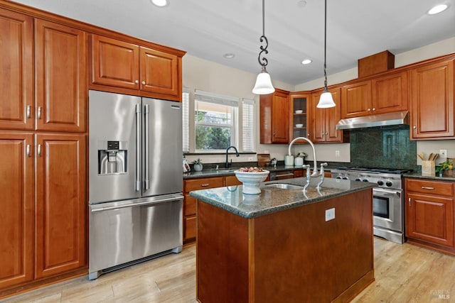 kitchen featuring high end appliances, a sink, under cabinet range hood, and light wood finished floors