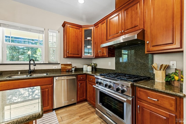 kitchen with a sink, appliances with stainless steel finishes, under cabinet range hood, dark stone countertops, and light wood-style floors