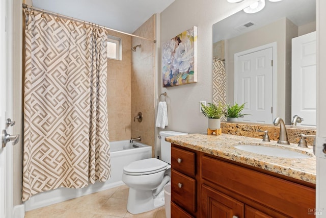 bathroom with shower / bathtub combination with curtain, vanity, toilet, tile patterned floors, and visible vents