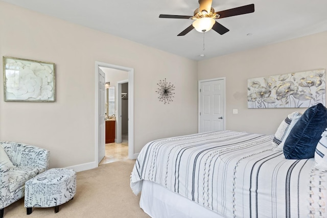 bedroom with baseboards, ceiling fan, and light carpet
