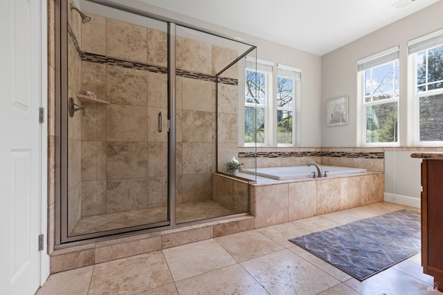 full bathroom with a shower stall, visible vents, tile patterned flooring, and a bath