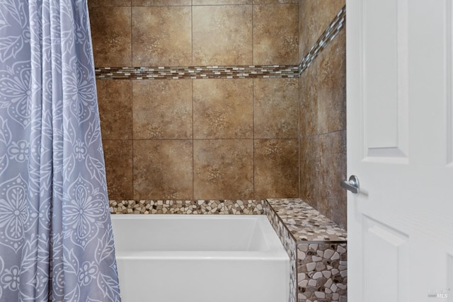 full bath with a bathing tub and a shower with curtain